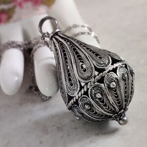 Vintage Silver Filigree Lantern Shaped Pendant Ambergris Amulet Necklace